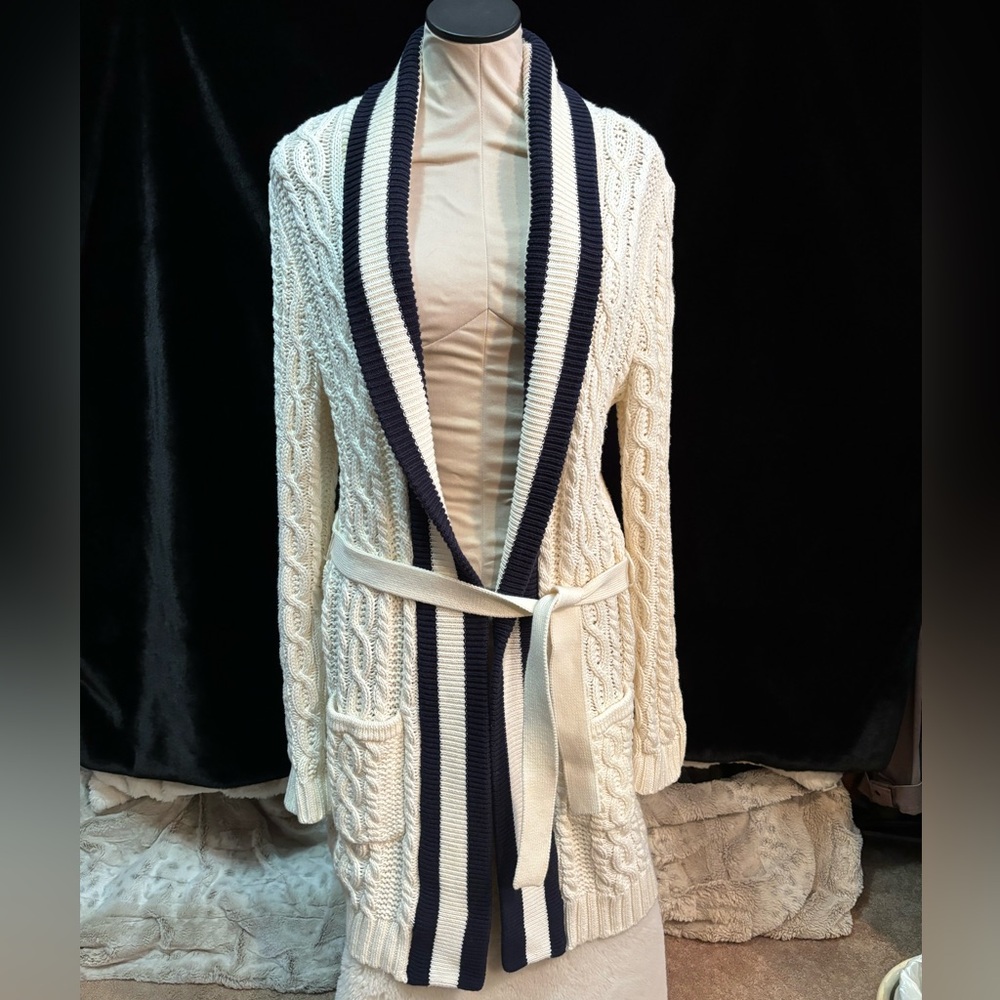 Lauren Ralph Lauren cream  flyaway sweater jacket with tie belt size large